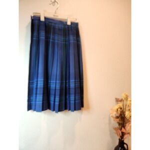 Vintage Evan-Picone Petites Wool Plaid Pleated‎ Skirt Blue Green Tartan waist 26